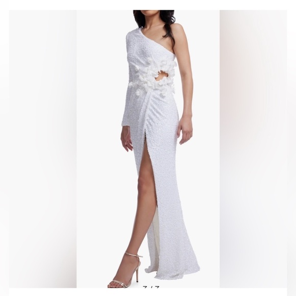Dress the Population White One-Shoulder Sequin flower Gown -  threedaughtersproperties.com